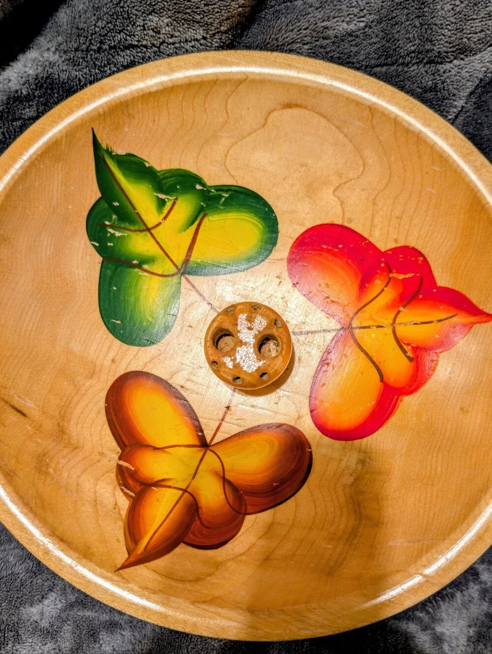 Vintage 70s Hand-Painted Wooden Nut Bowl with Colorful Floral Motif